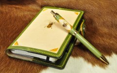 Handmade matching Leather moleskin cover and pen set with BEE design.jpg
