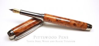 Mistral fountain pen with beautiful Thuyr Burl wood and Black Titanium fittings with Text 800Pix.jpg