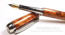 The Mistral fountain pen with beautiful Thuyr Burl wood and Black Titanium fittings close up 800.jpg